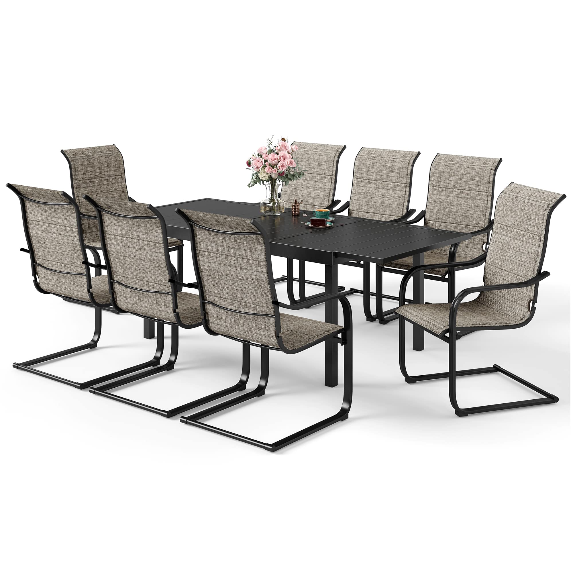 SUNSHINE VALLEY 9 Piece Patio Dining Sets for 8, Outdoor Table and Chairs Set with Extendable Rectangular Patio Dining Table & 8 C Spring Patio Dining Chairs, Outdoor Dining Set for Backyard Deck Lawn