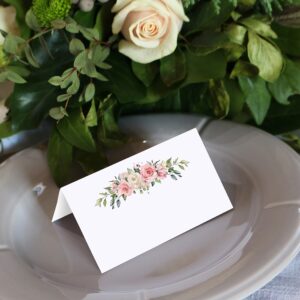 321Done Pink Roses Place Cards, Made in the USA - White Small 3.5x2, Name Seating Table Cards For Wedding, Dinner Party, Buffet, Shower, Spring Flowers Design on Thick Tent Cards - 50 Folding Cards