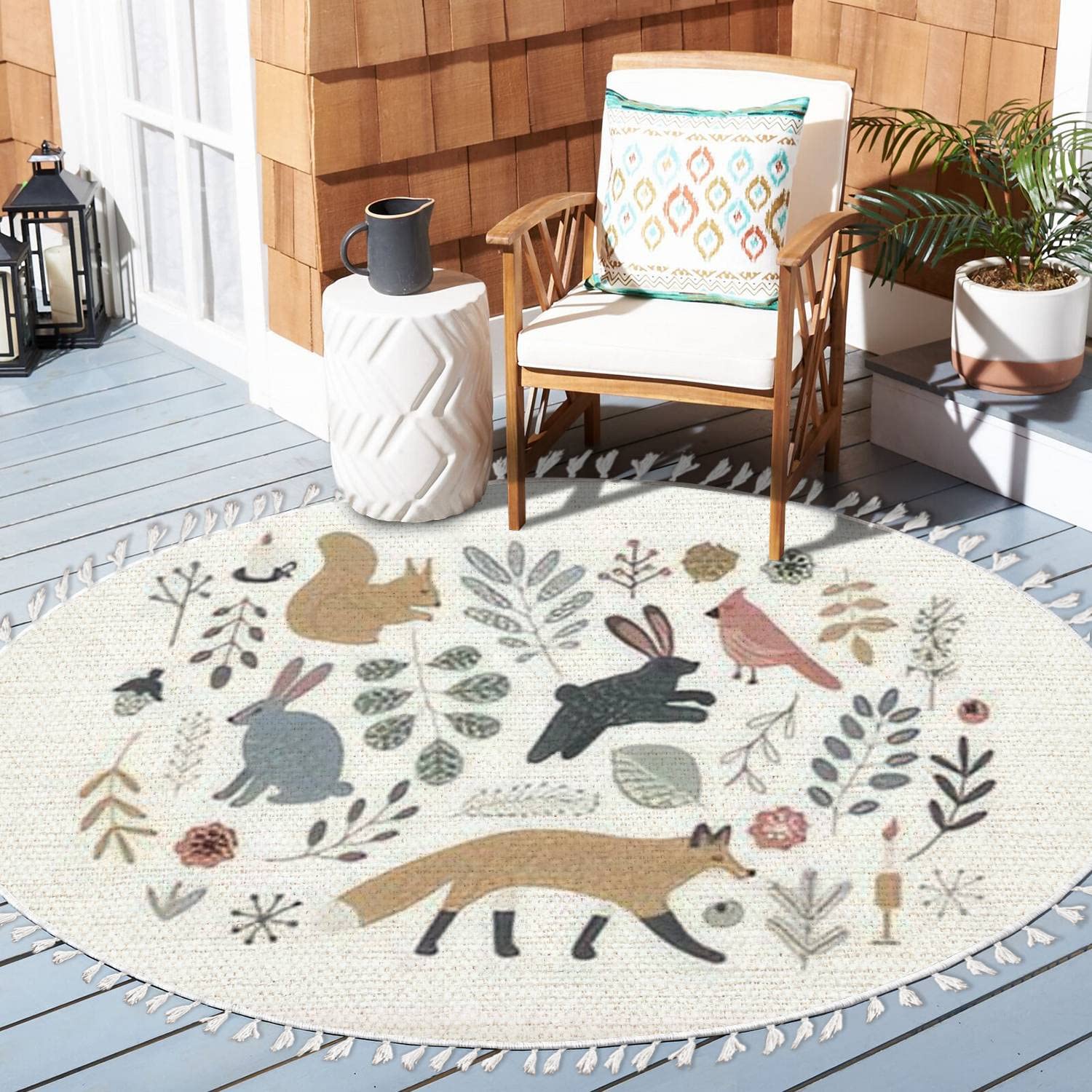 Round Rugs Hand Drawn Scandinavian Style Set Forest Animals Plants Clip Boho Area Rug Linen and Cotton Carpet Meditation Rug Washable Hallway Runner Mat Accent Rug for Bedroom Bathroom 4ft