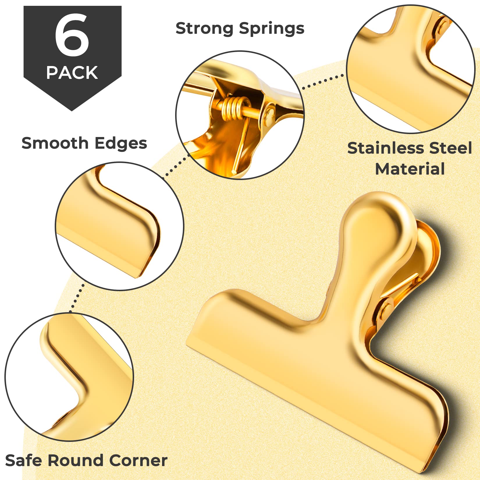 6 Packs Gold Chip Clips Bag Clips Food Clips, Bag Clips for Food, Clips for Food Packages, Air Tight Seal Kitchen Clips Snack Clips Bag Clips