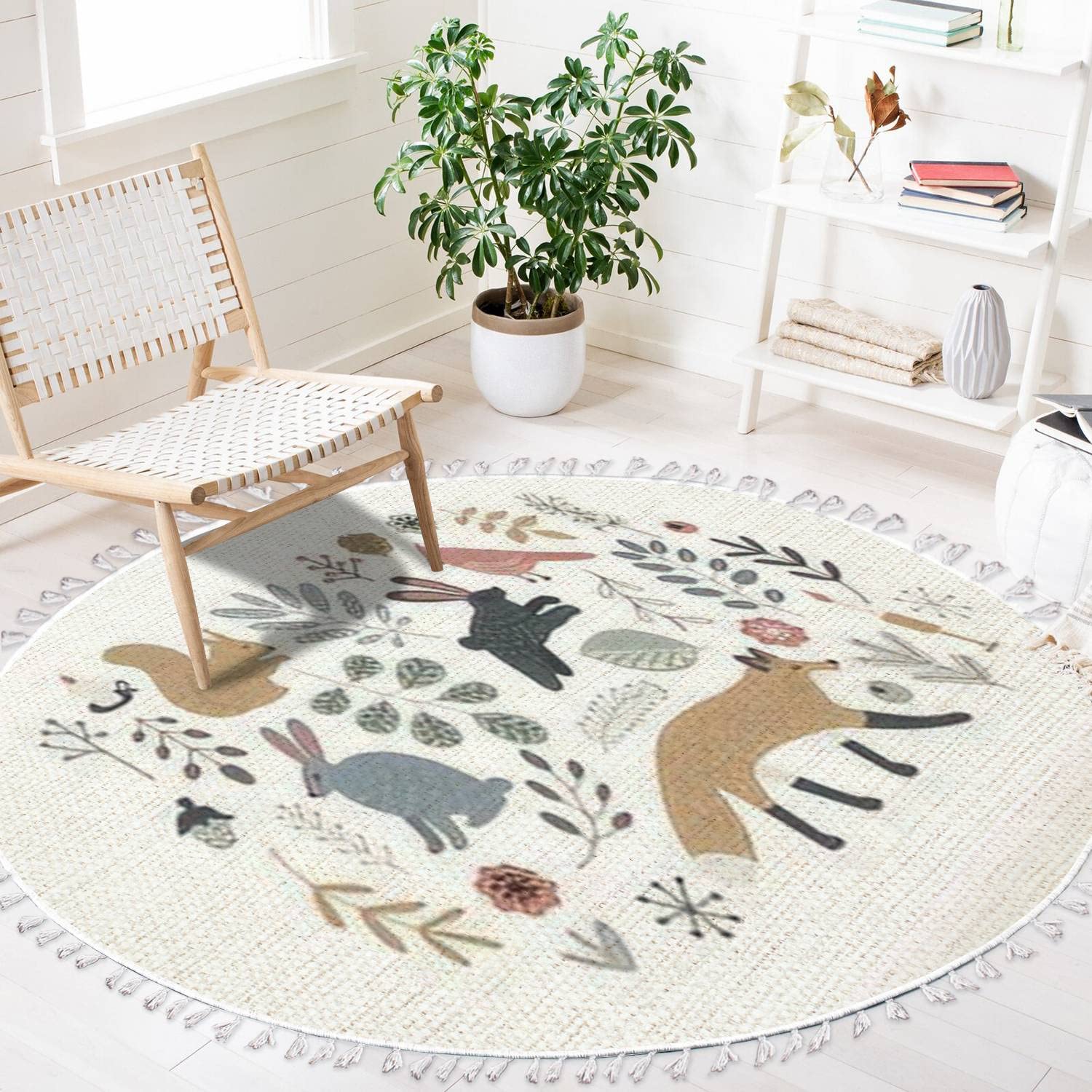 Round Rugs Hand Drawn Scandinavian Style Set Forest Animals Plants Clip Boho Area Rug Linen and Cotton Carpet Meditation Rug Washable Hallway Runner Mat Accent Rug for Bedroom Bathroom 4ft