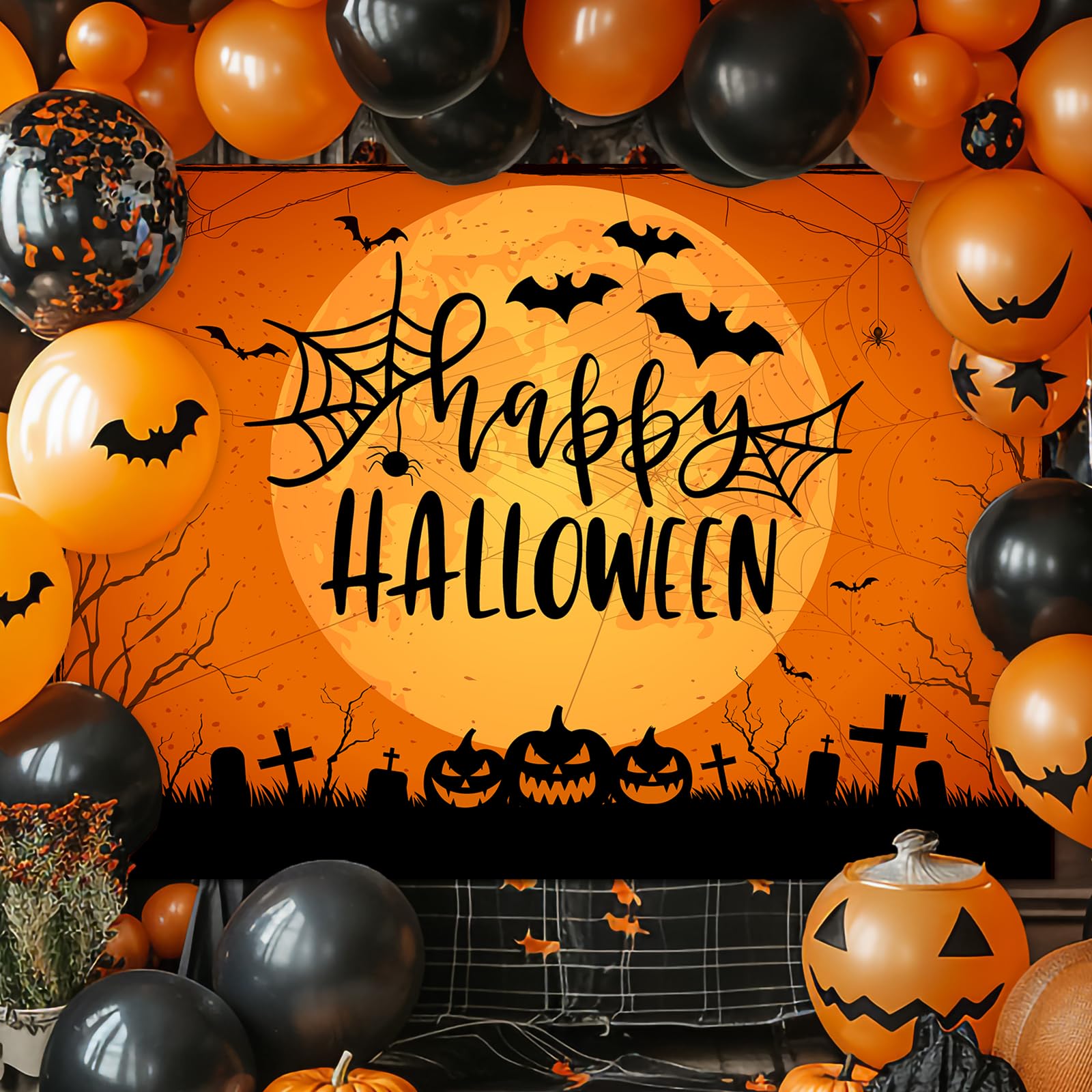 Mocsicka Happy Halloween Backdrop Orange Night Moon Graveyard Background Spooky Pumpkin Spider Web Halloween Party Cake Table Decoration Banner Photo Booth Props (7x5ft)