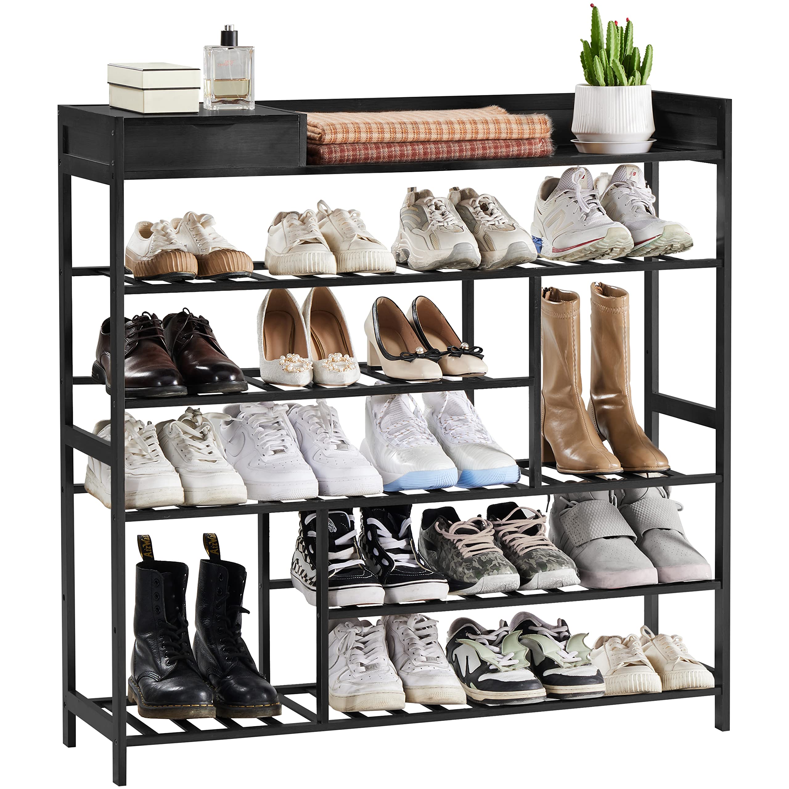 Apicizon Shoe Rack for Front Door Entrance, 6-Tier Bamboo Shoe Rack for Entryway with Shelf, Shoe Organizer with Storage Box Free Standing Shoe Storage for Closet, Hallway, Black