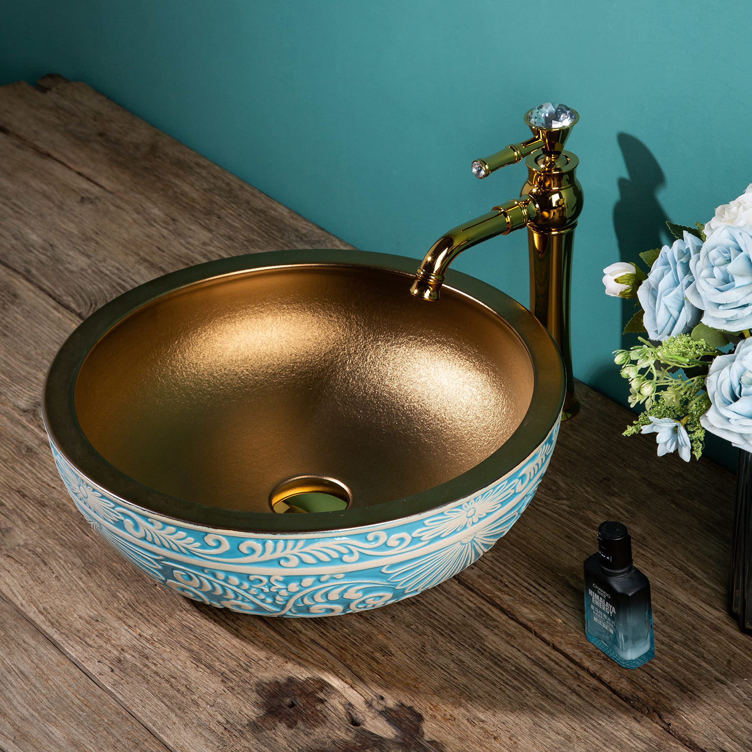 Ceramic Green Sinks Bathroom Vessel Sink Bowl Hand Carved Flower with Gold Inside Porcelain Vanity Top Wash Basin