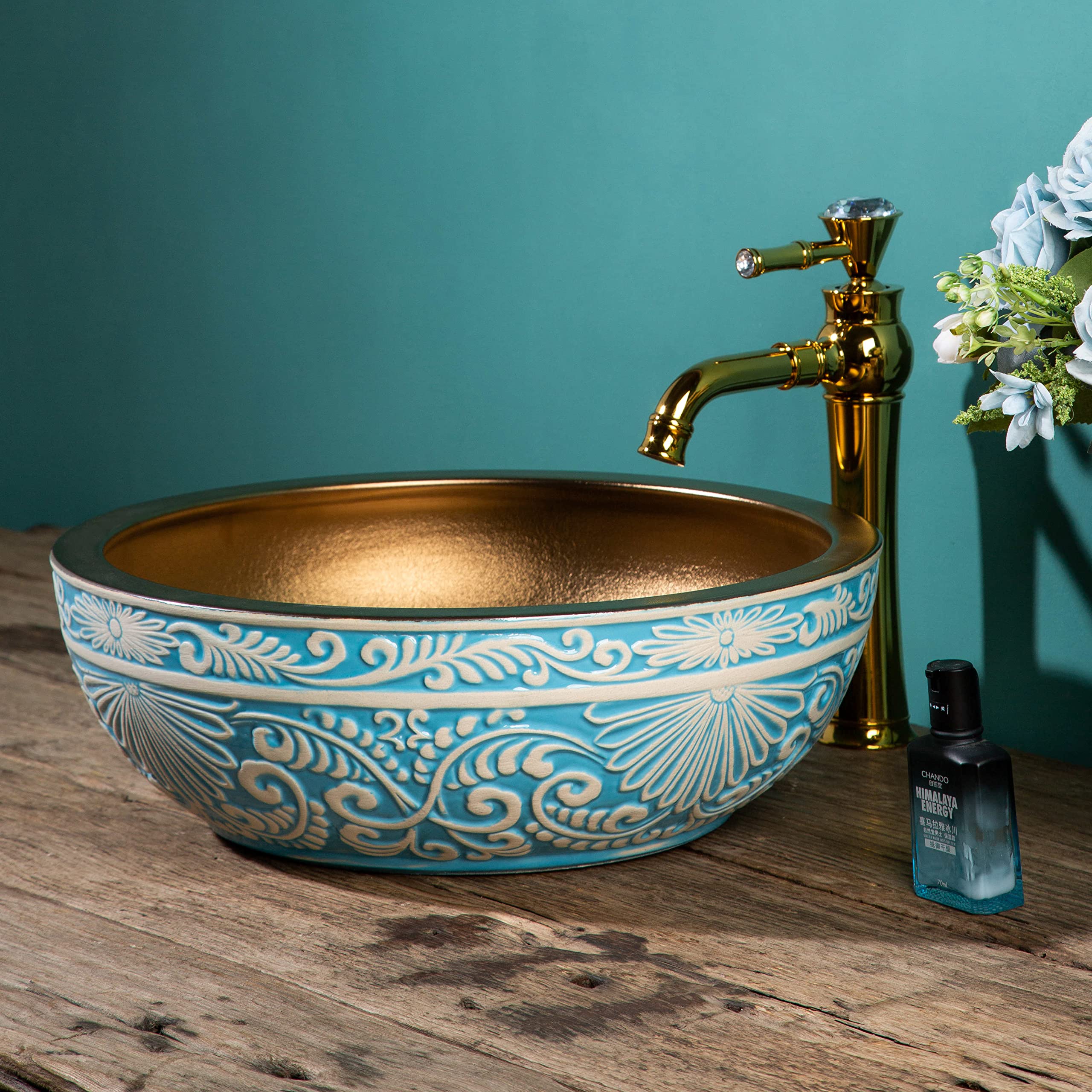 Ceramic Green Sinks Bathroom Vessel Sink Bowl Hand Carved Flower with Gold Inside Porcelain Vanity Top Wash Basin