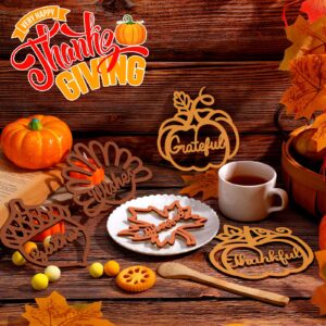 Spiareal 12 Pcs Fall Thanksgiving Wood Cutout Thankful Grateful Blessed Sign Plate Decor Pumpkin Maple Leaf Turkey Table Settings Thanksgiving Autumn Plate Table Wall Decoration(Yellow,Orange,Brown)