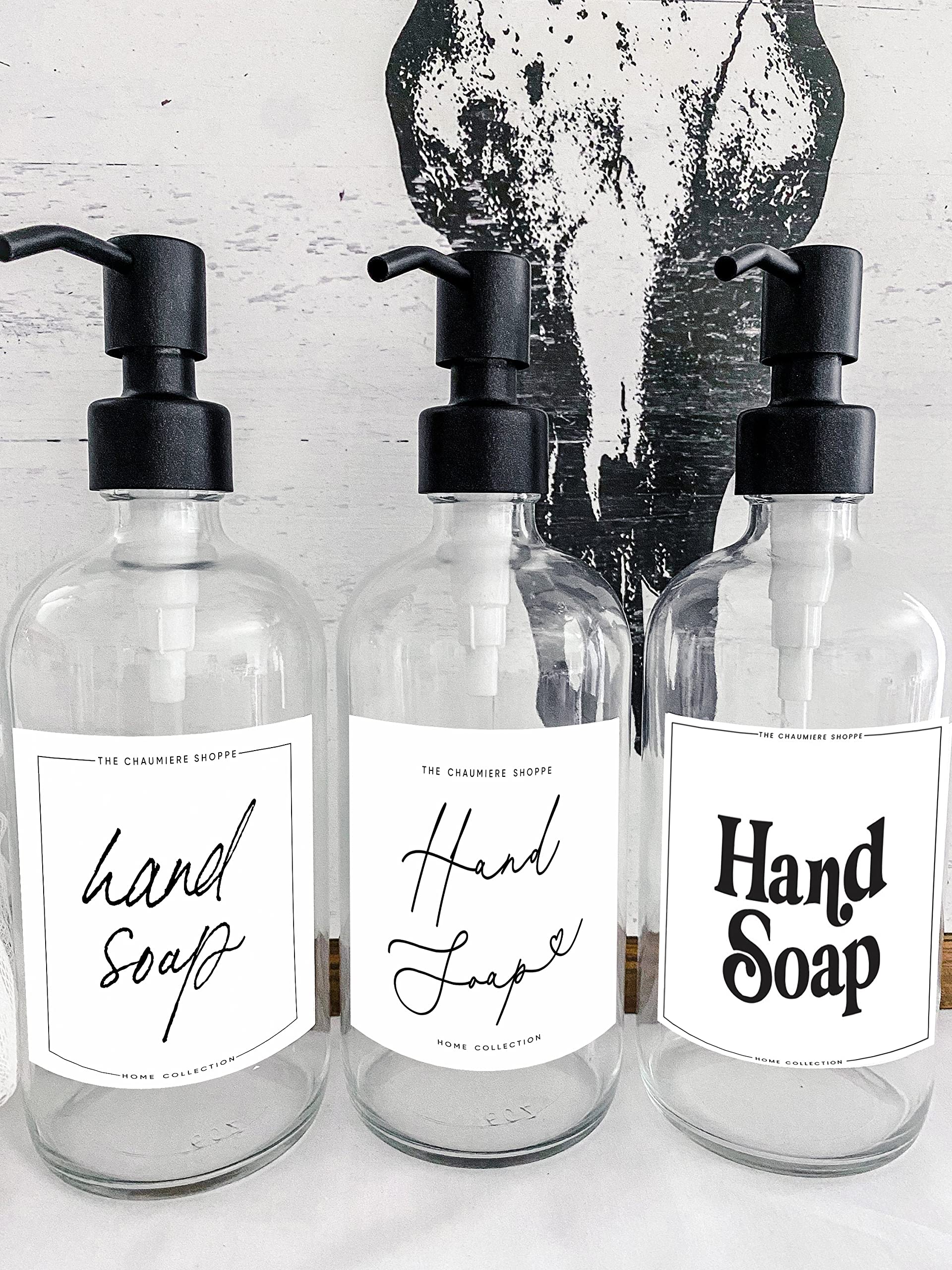 Chaumiere Vintage Farmhouse Hand Soap Labels for Bottles, Waterproof Stickers, 6X Hand soap Labels for Amber Glass & Plastic Bottles - Hand soap Pack (3 Designs) 6 Pieces 3x3inch