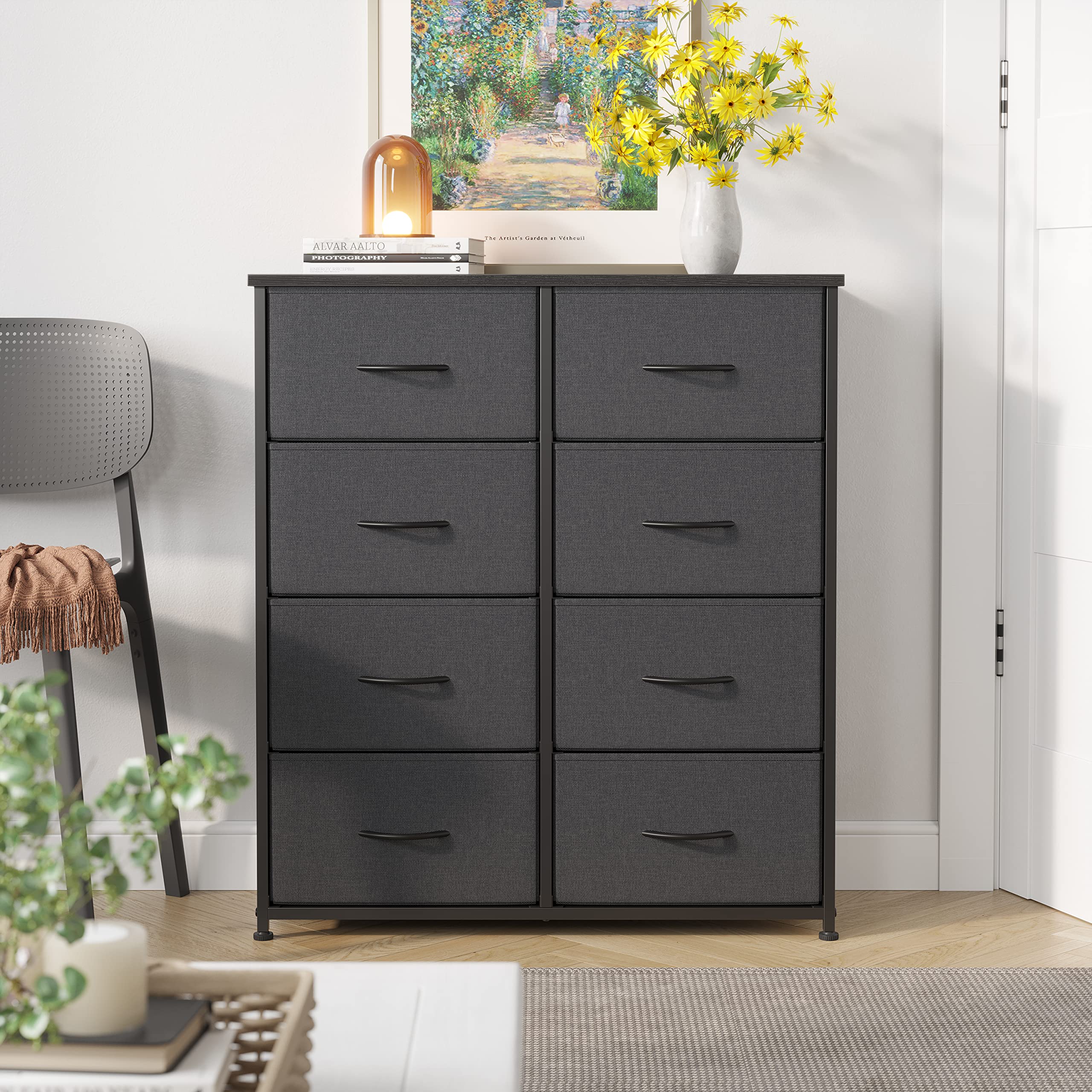 CubiCubi Dresser for Bedroom, Tall Fabric Dresser for Closet, 8 Drawer Small Storage Organizer, Wide Dresser for Bedroom, Hallway, Sturdy Steel Frame Wood Top, Black Grey