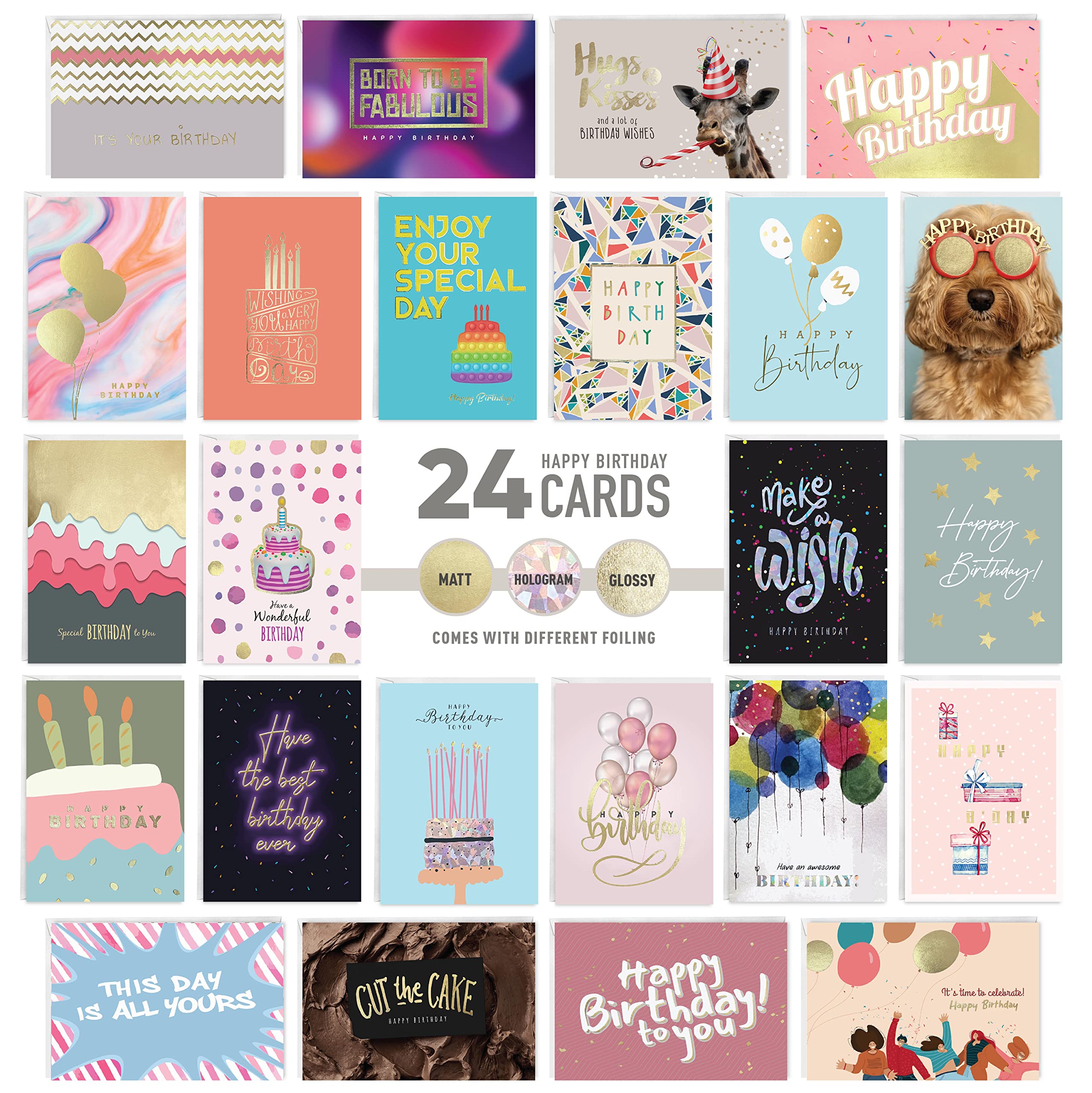 easykart labels 24 Unique Birthday Cards Assortment with Greetings Inside. For Businesses and Individuals, 4X5.5 Inch Assorted Foiling Cards with Envelope with Sealing Stickers