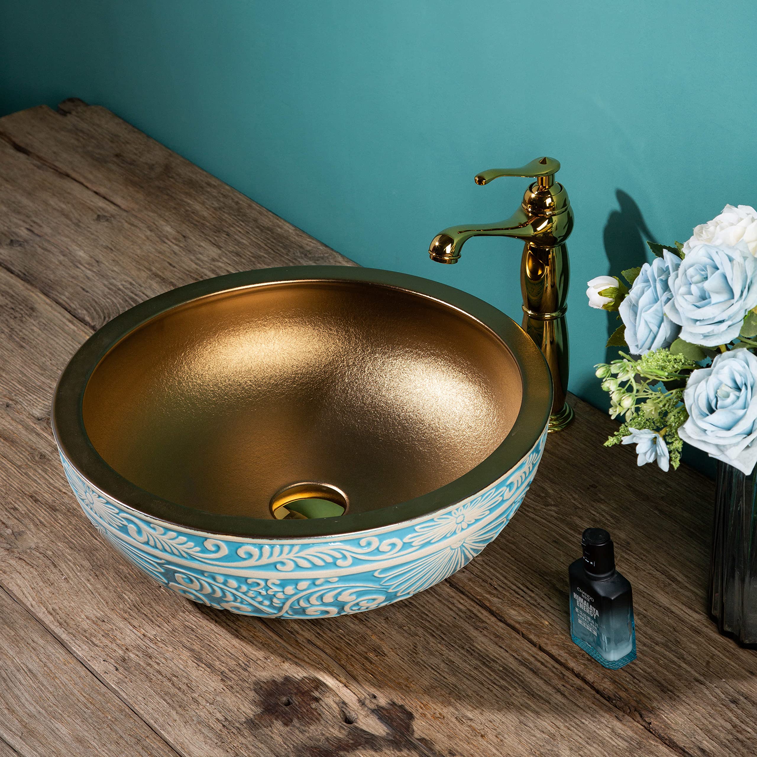 Ceramic Green Sinks Bathroom Vessel Sink Bowl Hand Carved Flower with Gold Inside Porcelain Vanity Top Wash Basin