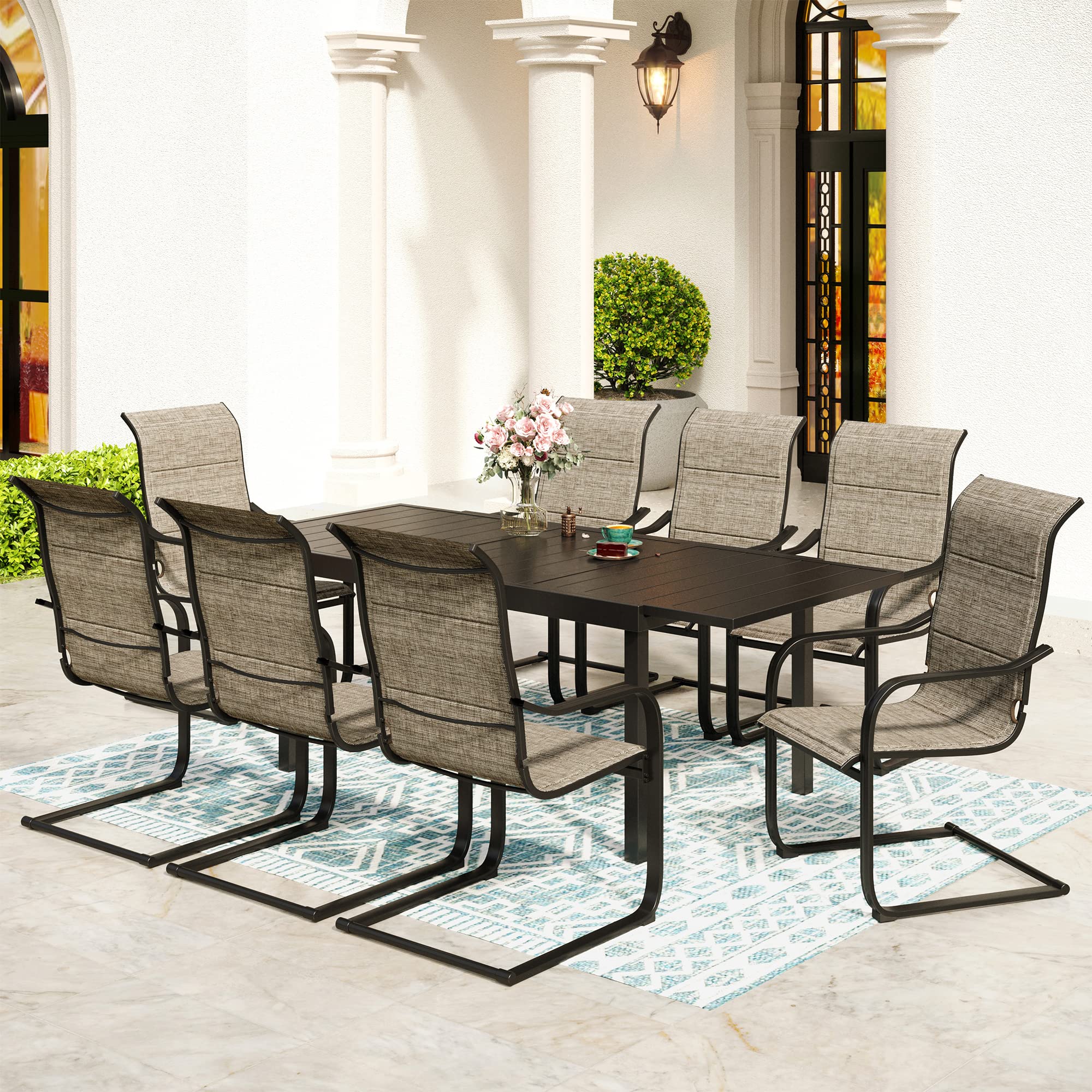 SUNSHINE VALLEY 9 Piece Patio Dining Sets for 8, Outdoor Table and Chairs Set with Extendable Rectangular Patio Dining Table & 8 C Spring Patio Dining Chairs, Outdoor Dining Set for Backyard Deck Lawn