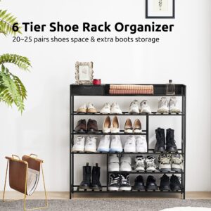 Apicizon Shoe Rack for Front Door Entrance, 6-Tier Bamboo Shoe Rack for Entryway with Shelf, Shoe Organizer with Storage Box Free Standing Shoe Storage for Closet, Hallway, Black