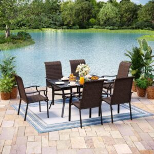 MIXPATIO Outdoor Patio Dining Set, 7 Pcs Patio Furniture Dining Table Chair Set, 6 Rattan Chairs and 1 Metal Dining Table(1.9" Umbrella Hole), for Lawn, Garden, Yards, Poolside