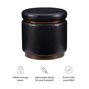 Linon Lexington Black Faux Leather Round Storage Ottoman with Wood Accent