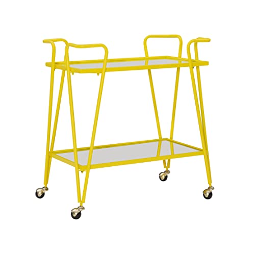 Linon Gina Yellow Mid Century Bar Cart with Mirrored Shelves