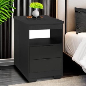 ADORNEVE LED Nightstand White Nightstand with Wireless Charging Station 2 Drawers, Modern Bedroom End Side Table with LED Lights, Wooden Sofa Bedside Table with Pull-Out Shelf