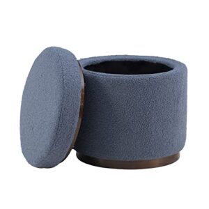 Linon Lexington Blue Sherpa Round Storage Ottoman with Wood Accent