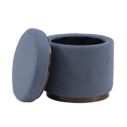 Linon Lexington Blue Sherpa Round Storage Ottoman with Wood Accent