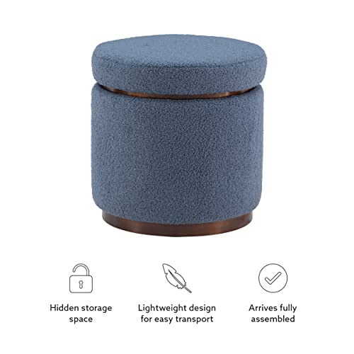 Linon Lexington Blue Sherpa Round Storage Ottoman with Wood Accent