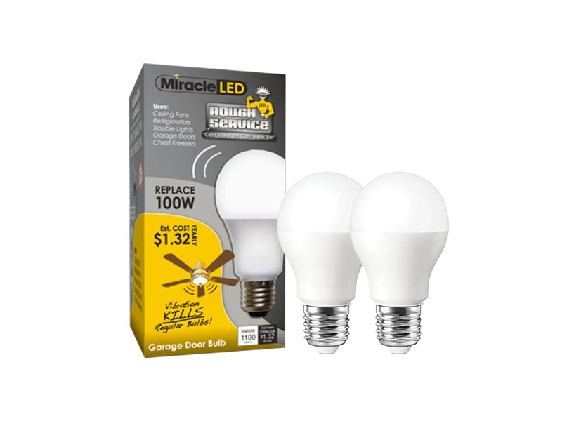 Miracle LED Rough Service 100W Replacement LED Garage Door Bulb, Vibration Resistant Light for Openers, Ceiling Fans and Trouble Lights, Daylight Bright White (2-Pack)