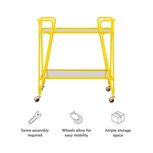 Linon Gina Yellow Mid Century Bar Cart with Mirrored Shelves