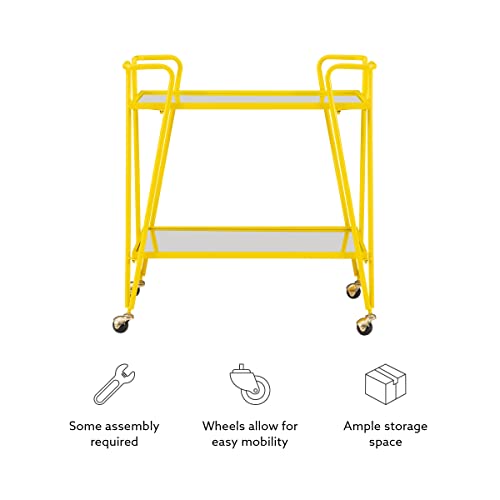 Linon Gina Yellow Mid Century Bar Cart with Mirrored Shelves