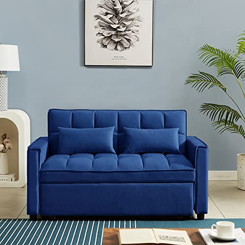 Holaki Convertible Velvet Sleeper Sofa Bed, 55.2" Velvet Loveseat Sofa Modern Pull Out Sofa Bed Lounge Chaise Armchair with Adjustable Backrest,2 Lumbar Pillows,Small Couch for Home Office(Blue)