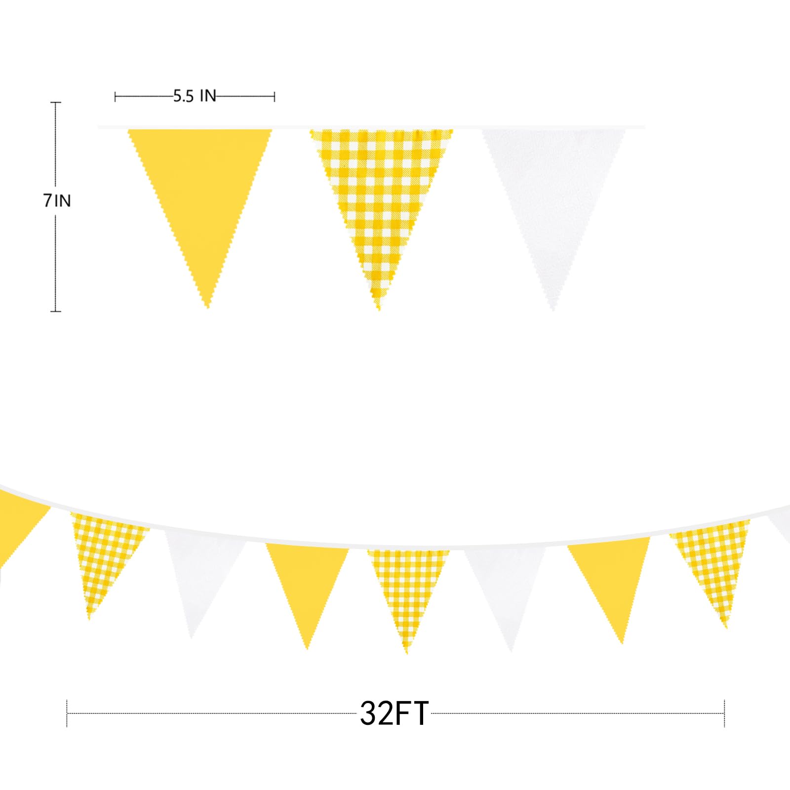 32Ft Yellow Plaid Checkered White Pennant Banner Fabric Gingham Triangle Flag Bunting Garland for Picnic BBQ Bee Sunflower Wedding Birthday Baby Shower Lemon Party Outdoor Garden Hanging Decoration