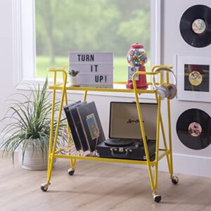 Linon Gina Yellow Mid Century Bar Cart with Mirrored Shelves