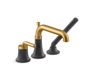 kohler 26441-4-bmb tone deck-mount bath faucet with handshower set, bathtub faucet with diverter spout and single lever handle, matte black with moderne brass