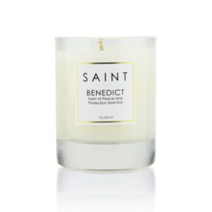 saint benedict scented votive candle with prayer, prayer coin, and holy oil, saint of peace and protection from evil, soy coconut aromatherapy candle with 15 hour burn time, holiday gift-ready box