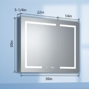 ExBrite LED Lighted Bathroom Medicine Cabinet with Mirror, 36 x 30 Inch, Recessed or Surface led Medicine Cabinet, Clock, Room Temp Display,Defog,Stepless Dimming,3-Color Temper Change, Outlets & USBs