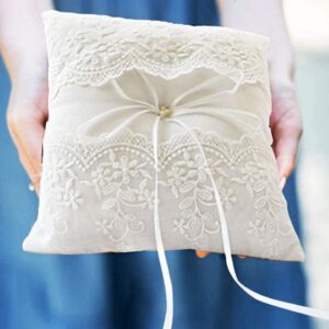 ATAILOVE Wedding Ring Pillow, Lace Pearl Ivory Ring Bearer Cushion for Wedding Party