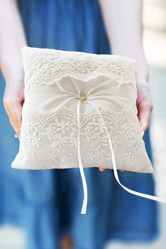 ATAILOVE Wedding Ring Pillow, Lace Pearl Ivory Ring Bearer Cushion for Wedding Party