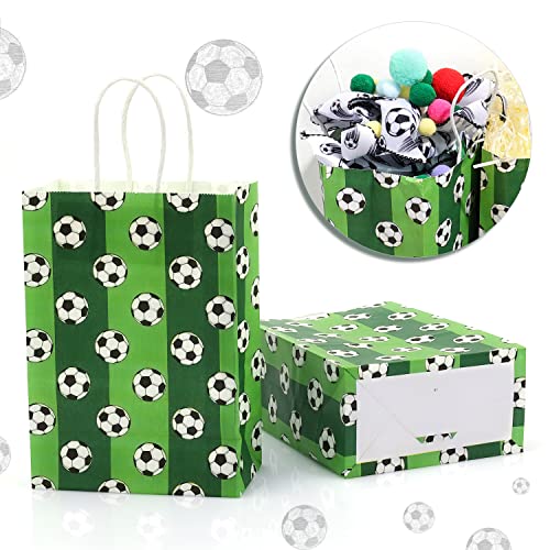 AIEX 16pcs Soccer Party Favor Paper Bags, Football Themed Party Bags with Handles Soccer Goodie Bags Treat Candy Bags for Kids Adults Birthday Party Supplies (Dark Green)