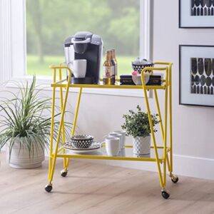 Linon Gina Yellow Mid Century Bar Cart with Mirrored Shelves