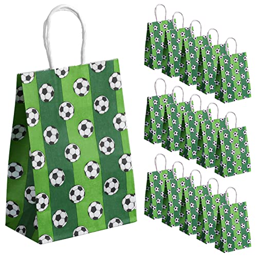 AIEX 16pcs Soccer Party Favor Paper Bags, Football Themed Party Bags with Handles Soccer Goodie Bags Treat Candy Bags for Kids Adults Birthday Party Supplies (Dark Green)