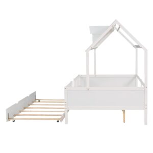 Harper & Bright Designs Full Size House Bed with Trundle, Full Size Bed Frame for Kids,Wooden Cabin Full Playhouse Bed for Girls, Boys,No Box Spring Needed,White