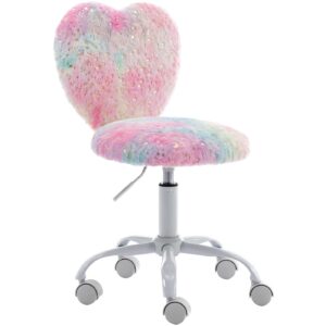 chairus Kids Desk Chair Faux Fur Study Chair for Teenage Girls, Adjustable Heart Shaped Kids Vanity Chair for Bedroom Reading Living Room, Small Cute Student Task Chair with White Foot, Colorful