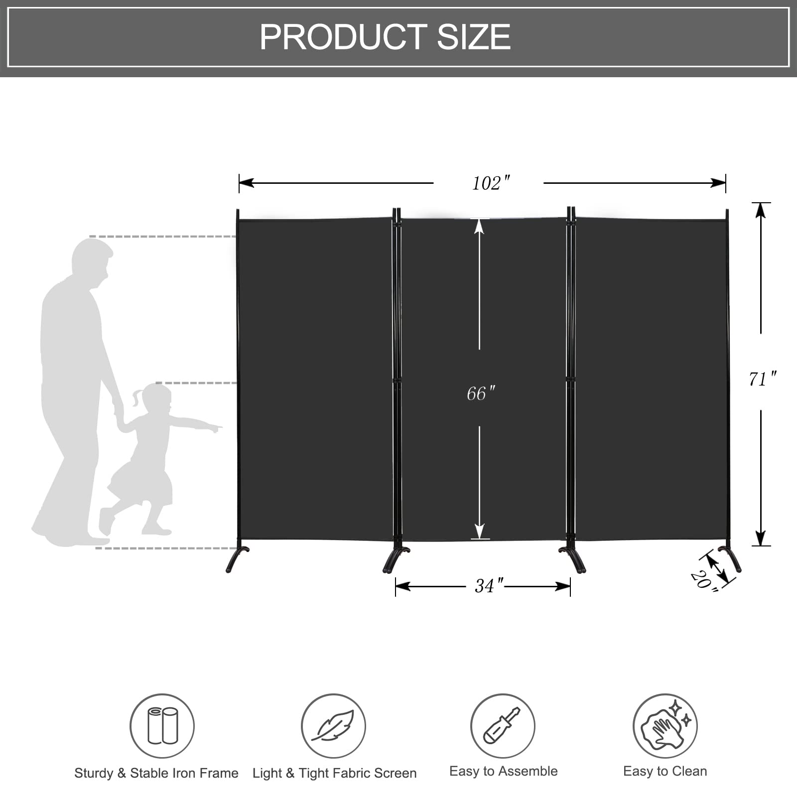 MAYOLIAH Partition Room Dividers 3 Panel Folding Privacy Screens 6 Ft Tall Portable Office Walls Dividers for Room Separator 102"x20"x71", Black