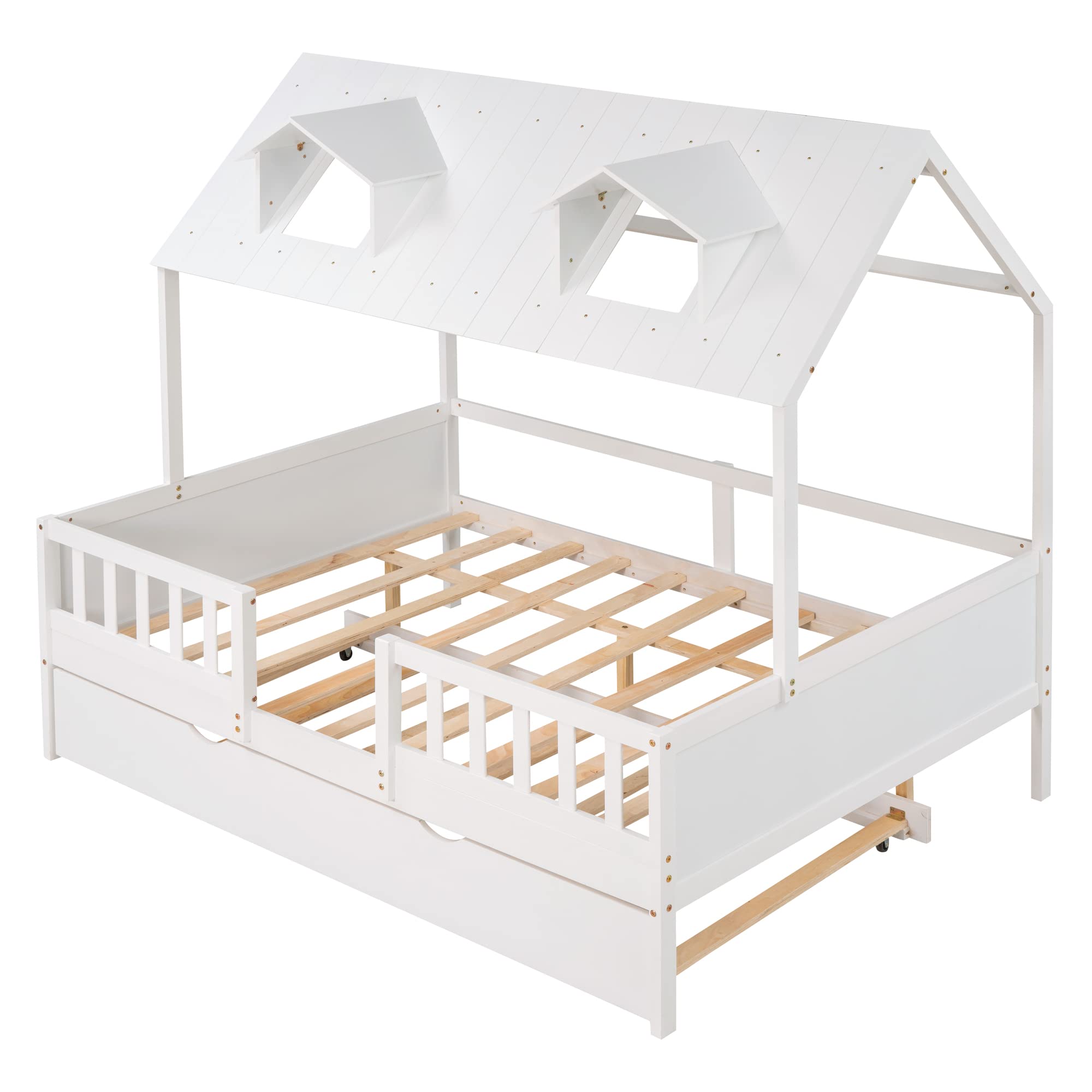 Harper & Bright Designs Full Size House Bed with Trundle, Full Size Bed Frame for Kids,Wooden Cabin Full Playhouse Bed for Girls, Boys,No Box Spring Needed,White