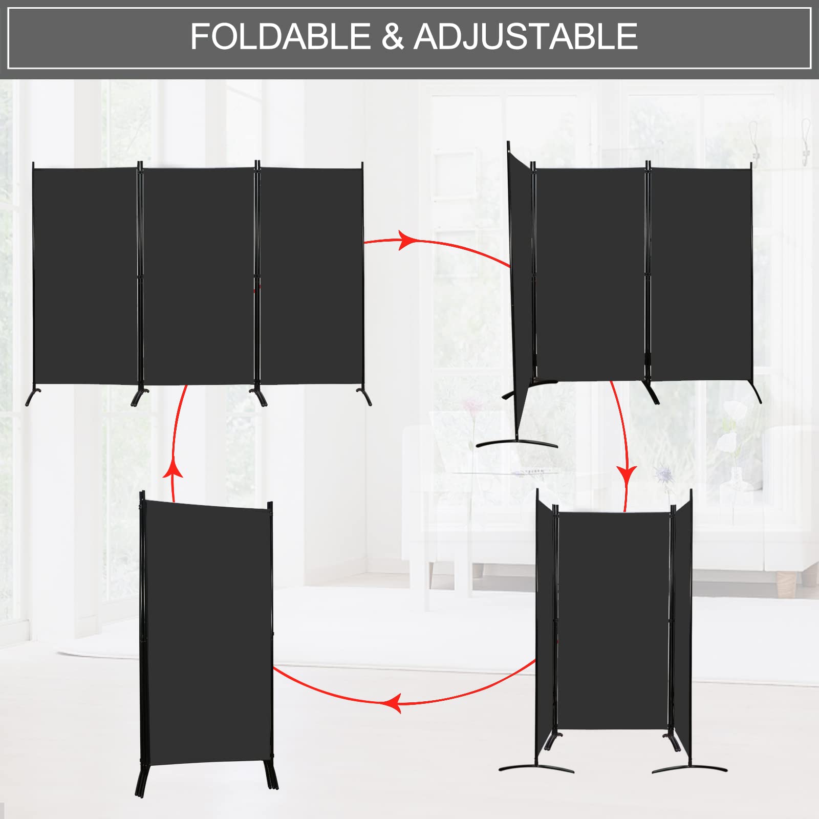 MAYOLIAH Partition Room Dividers 3 Panel Folding Privacy Screens 6 Ft Tall Portable Office Walls Dividers for Room Separator 102"x20"x71", Black