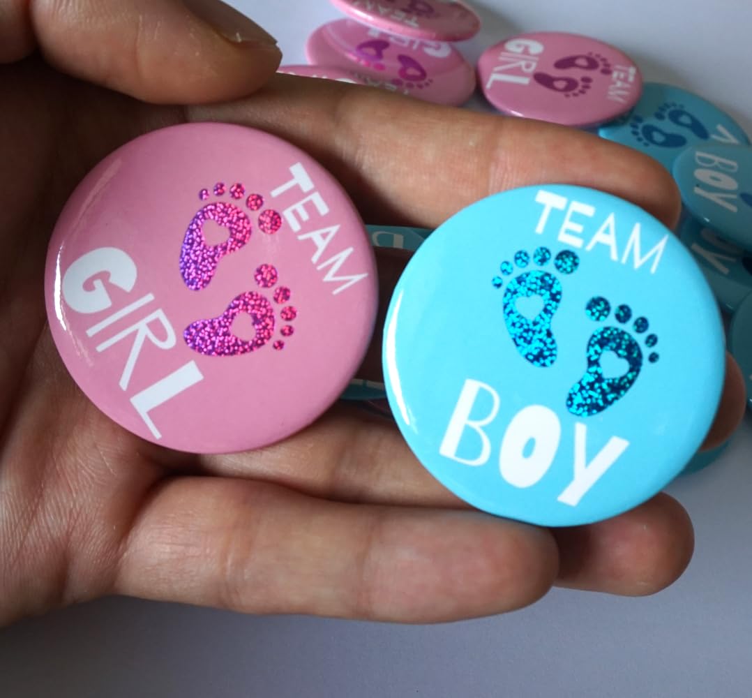 JEWSUN 50 Pcs Gender Reveal Badges Button Pins Team Boy Team Girl Button Pins Gender Reveal Party Decorations