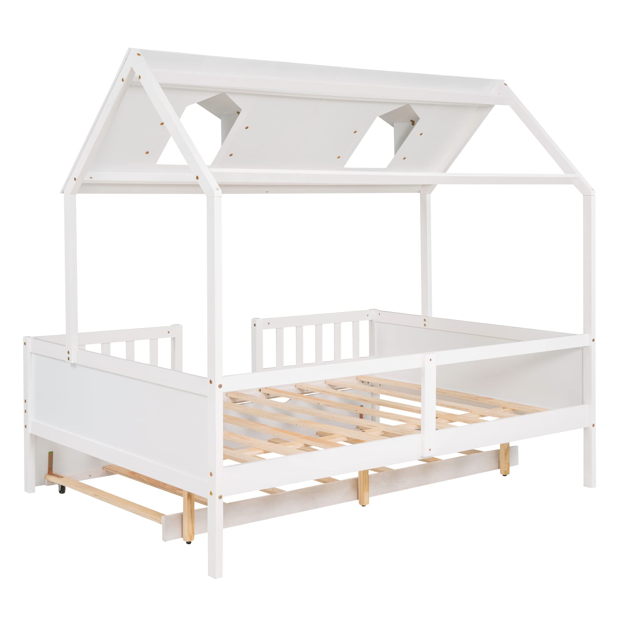 Harper & Bright Designs Full Size House Bed with Trundle, Full Size Bed Frame for Kids,Wooden Cabin Full Playhouse Bed for Girls, Boys,No Box Spring Needed,White