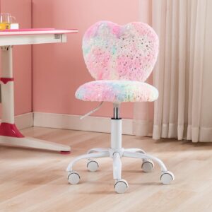 chairus Kids Desk Chair Faux Fur Study Chair for Teenage Girls, Adjustable Heart Shaped Kids Vanity Chair for Bedroom Reading Living Room, Small Cute Student Task Chair with White Foot, Colorful