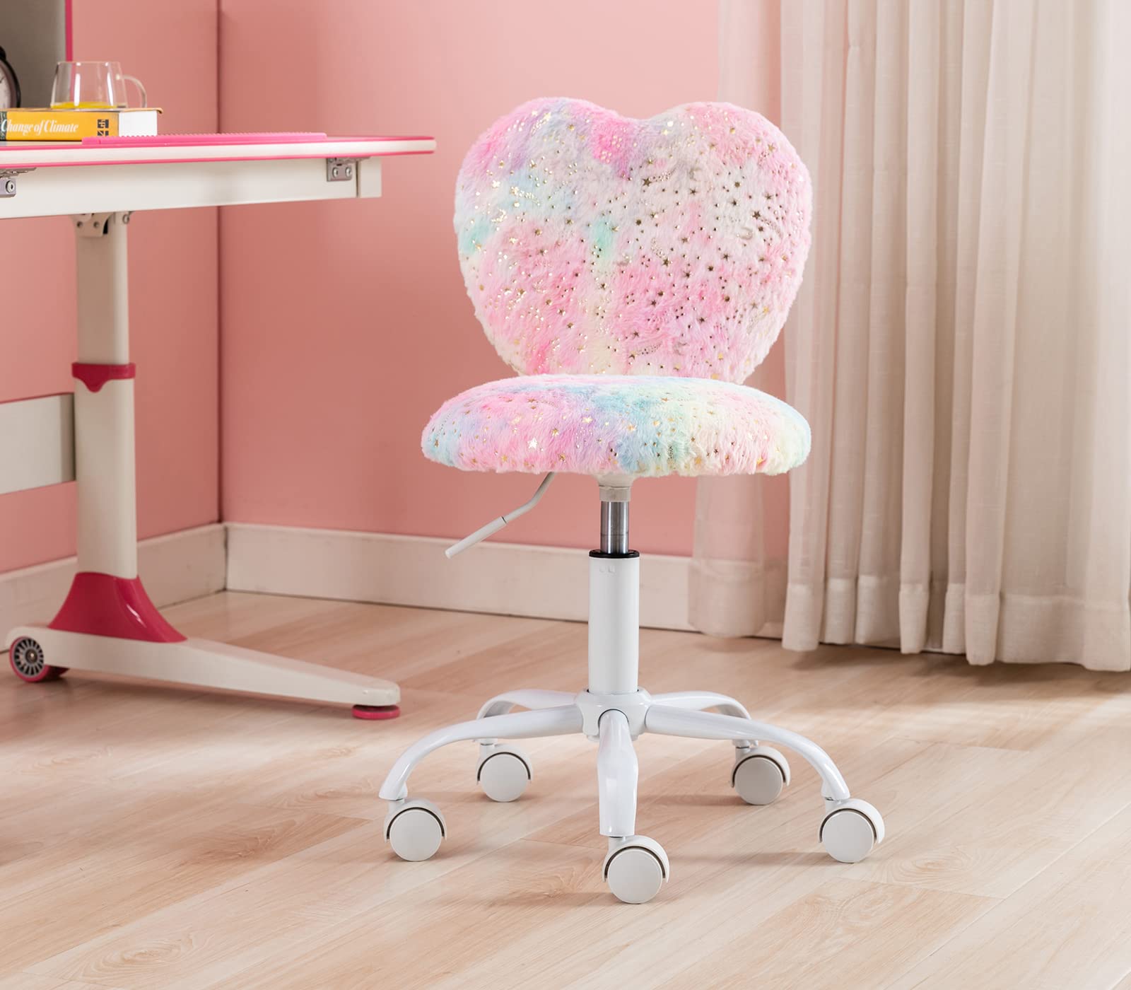 chairus Kids Desk Chair Faux Fur Study Chair for Teenage Girls, Adjustable Heart Shaped Kids Vanity Chair for Bedroom Reading Living Room, Small Cute Student Task Chair with White Foot, Colorful