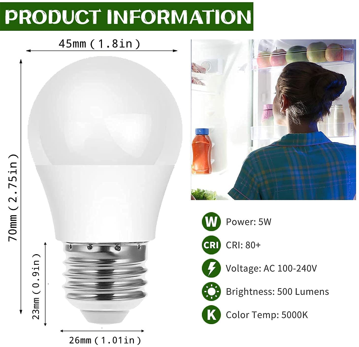 LED Refrigerator Light Bulb, 40 Watt Equivalent LED Appliance A15 Light Bulb 5000K Daylight for Fridge, E26 Base, Non-Dimmable, 6-Pack