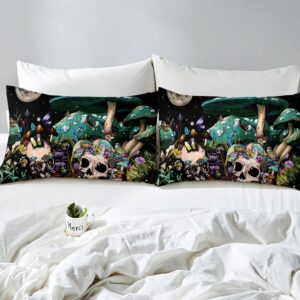 LUVIVIHOME 3PCS Teal Mushroom Bedding, Sugar Skull Duvet Cover King Bedding, Black Galaxy Moon Skeleton Wildflower Botanical Plant Fungus Aesthetic Green Mushroom Comforter Quilt Cover, 2 Pillow Shams