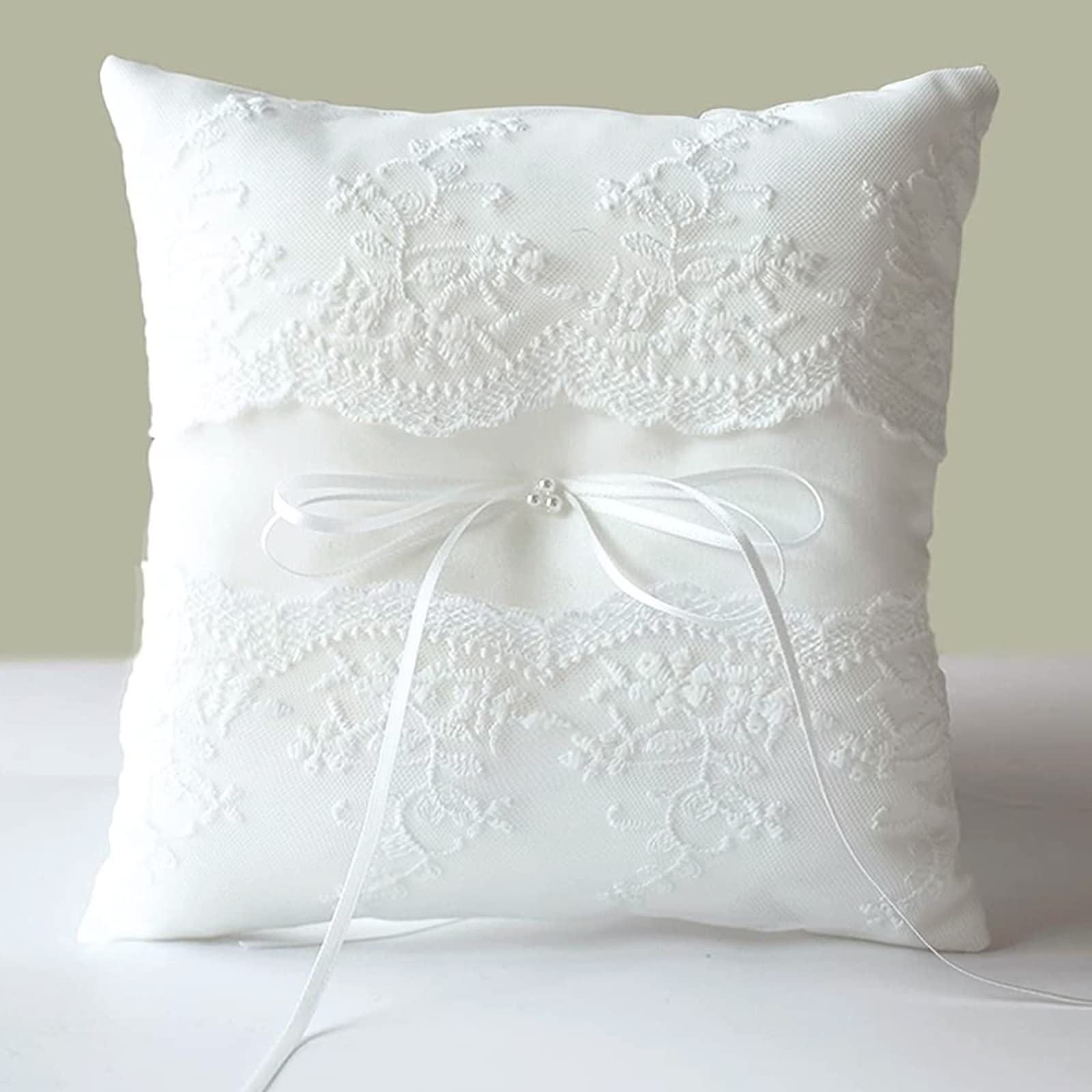 ATAILOVE Wedding Ring Pillow, Lace Pearl Ivory Ring Bearer Cushion for Wedding Party