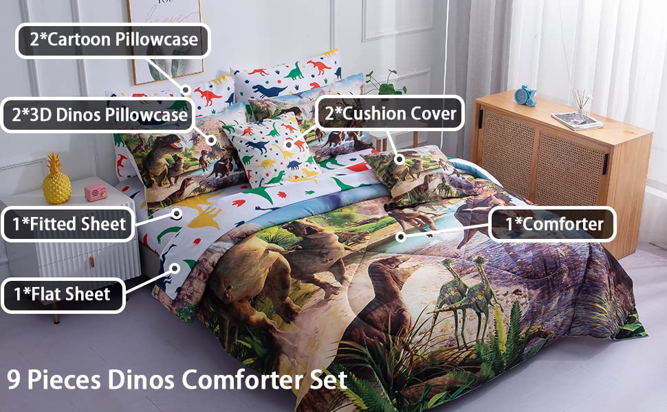 NiuOne Dinosaur Bedding Twin Comforter Set for Boys/Kids/Girls, Dinosaur Twin Bedding Set, 9 Piece Dinosaur Comforter Set Twin Size Bed in a Bag, Soft Microfiber Kids Summer Comforter Set Twin Size